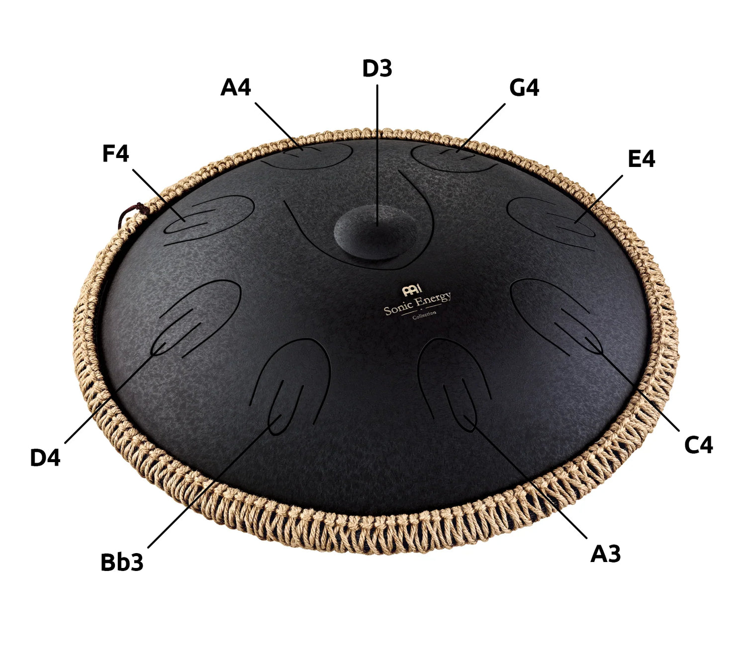 Black steel tongue drum with note labels, rope edge, and embossed logo for sound healing