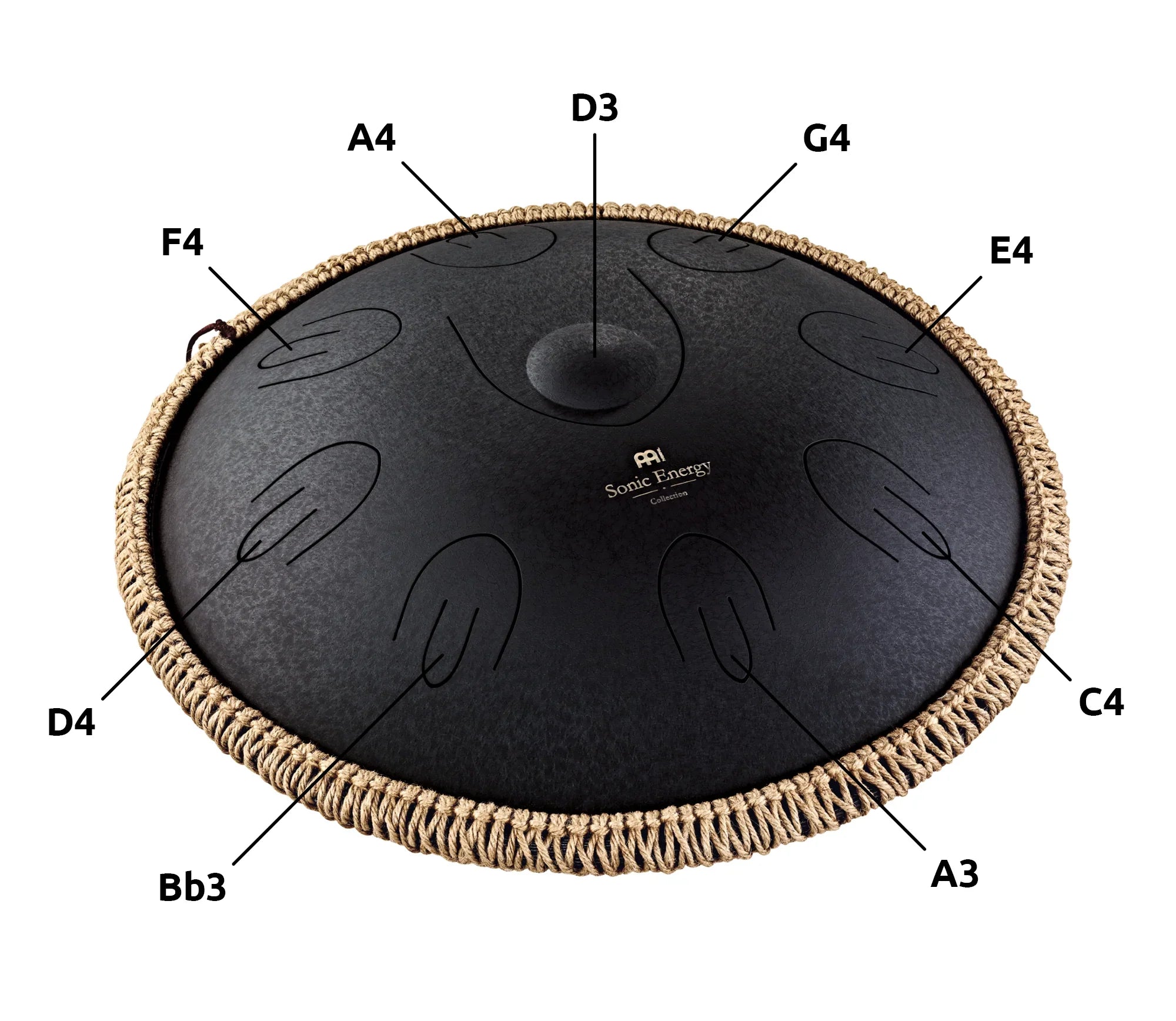 Black steel tongue drum with note labels, rope edge, and embossed logo for sound healing