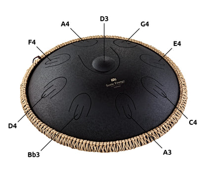 Black steel tongue drum with note labels, rope edge, and embossed logo for sound healing