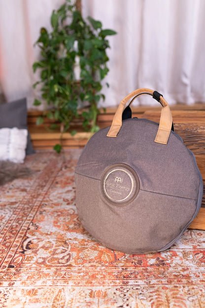 Gray padded instrument bag with tan handles on a patterned rug in a cozy room setting