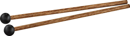 Pair of wooden sound healing mallets with black rubber heads on white background