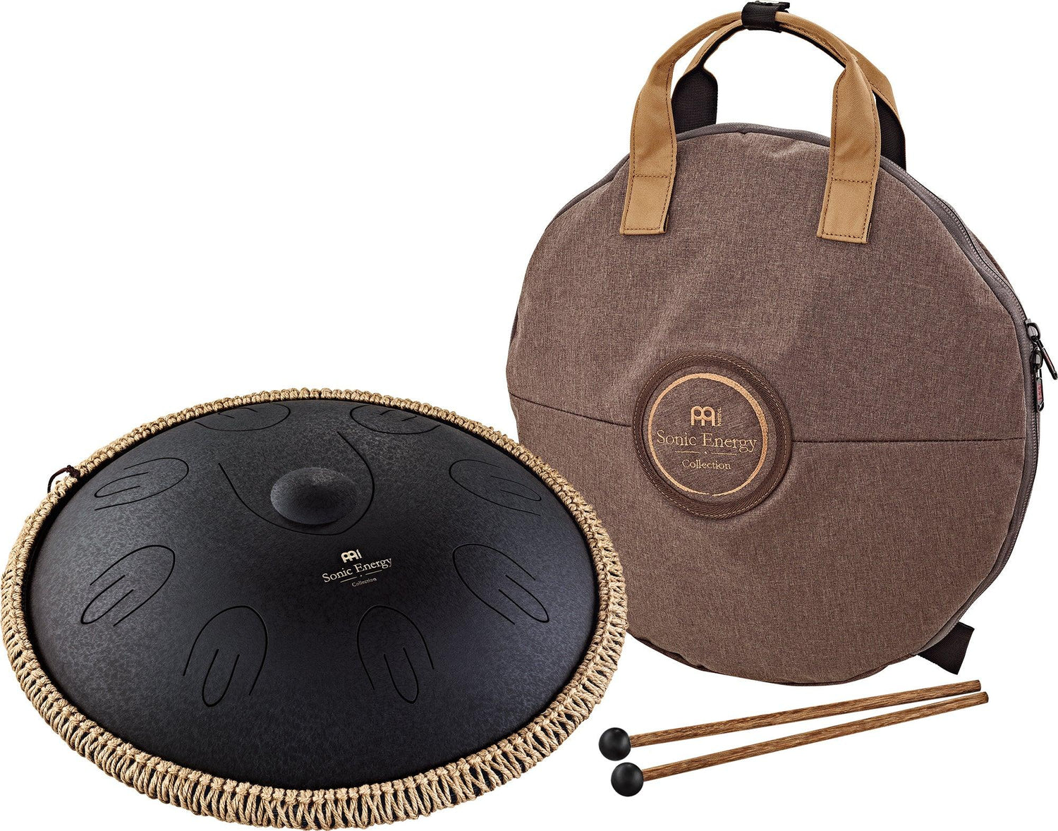 Black steel tongue drum with carrying case and mallets for sound healing and meditation