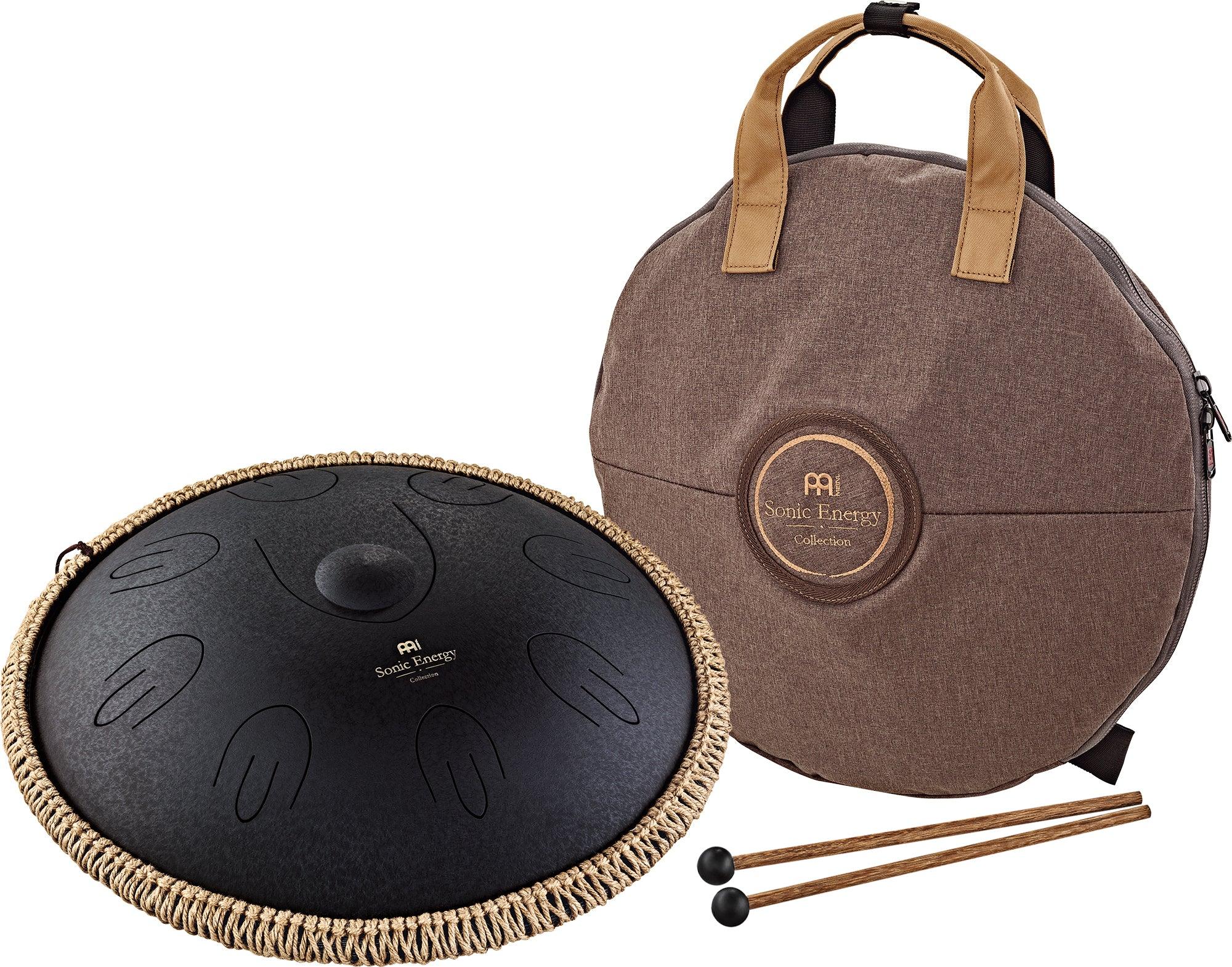 Black steel tongue drum with carrying case and mallets for sound healing and meditation