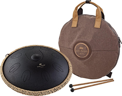 Black steel tongue drum with carrying case and mallets for sound healing and meditation