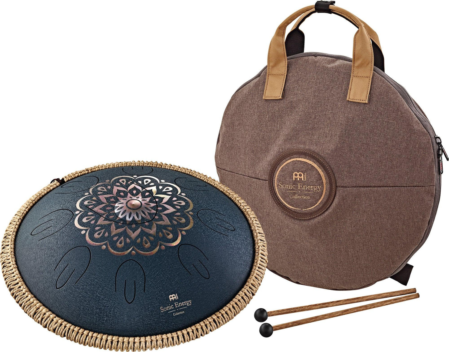 Steel tongue drum with mandala design, carrying bag, and mallets for sound healing