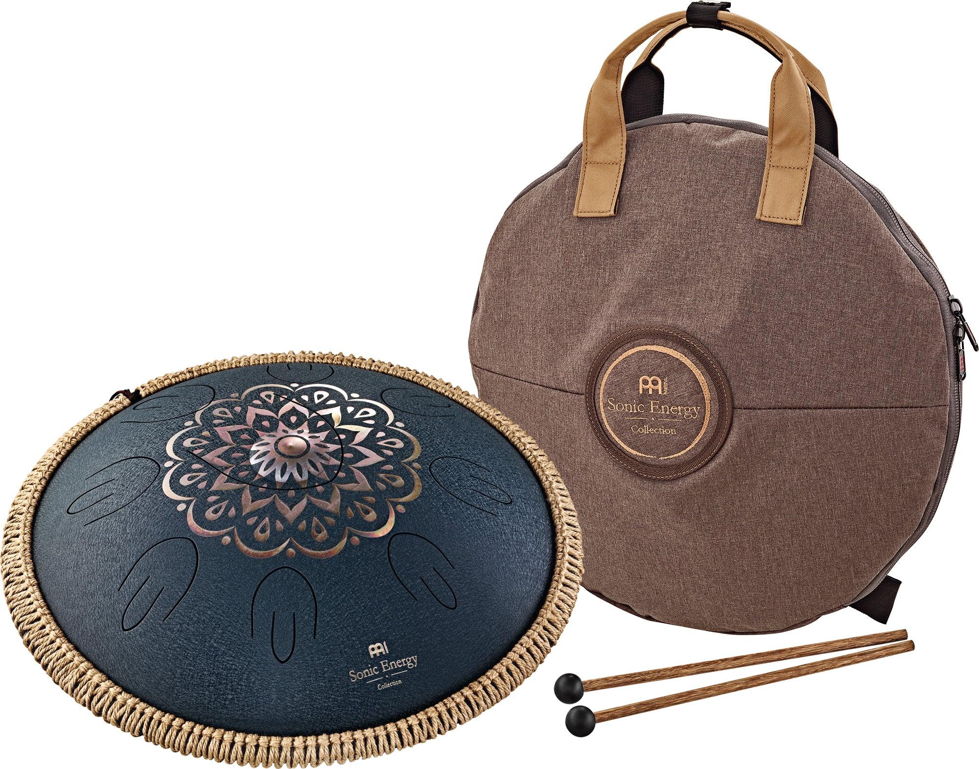 Steel tongue drum with mandala design, carrying bag, and mallets for sound healing
