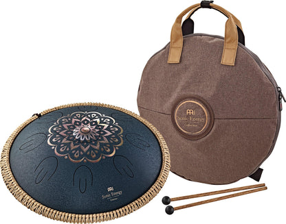 Steel tongue drum with mandala design, carrying bag, and mallets for sound healing