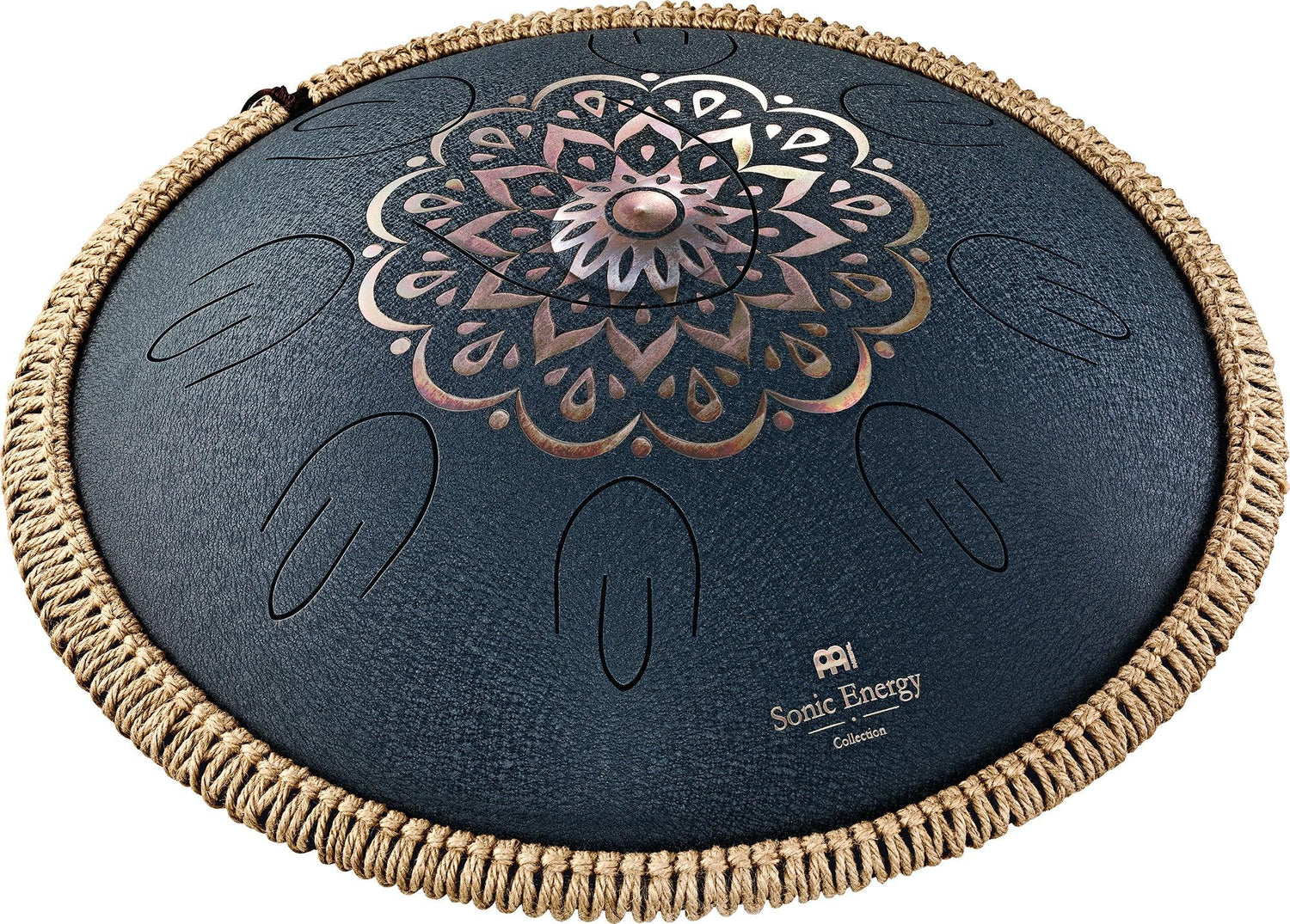 Steel tongue drum with mandala design, rope edge, for sound healing and meditation