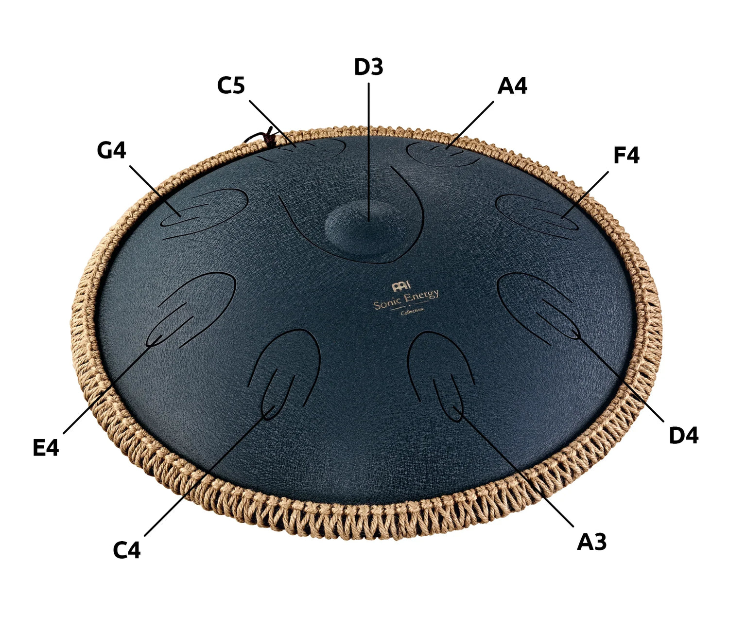 Steel tongue drum labeled with musical notes, rope edge, for sound healing and meditation