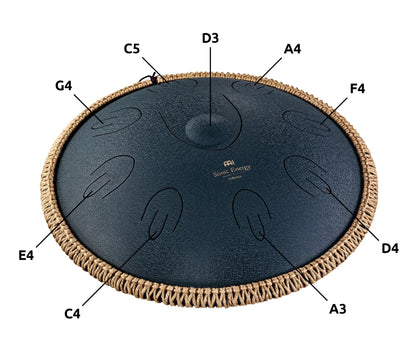 Steel tongue drum labeled with musical notes, rope edge, for sound healing and meditation