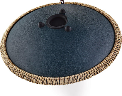 Steel tongue drum with textured black finish and woven rope edge, sound healing instrument