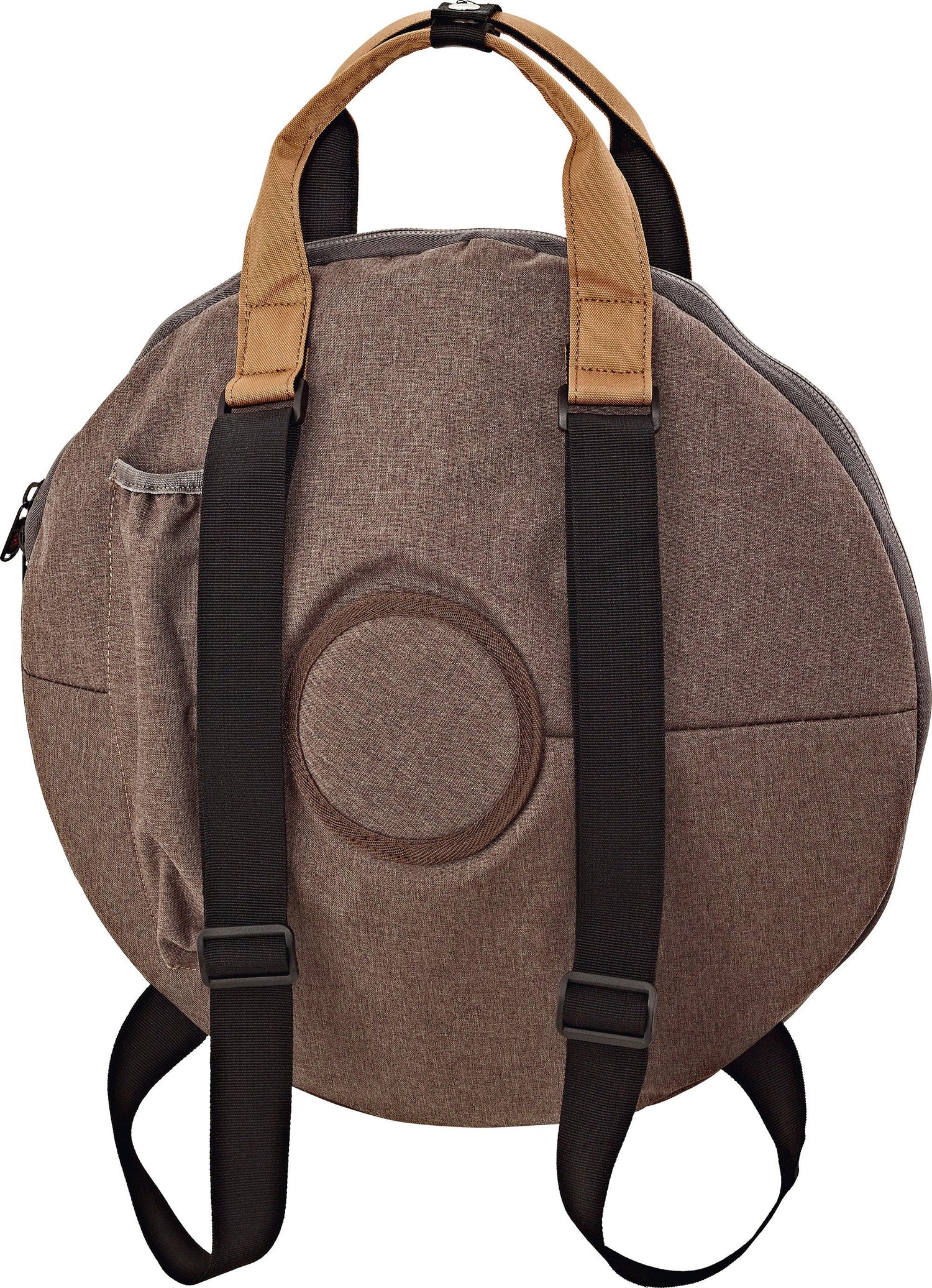 Round padded handpan backpack with brown fabric, tan handles, and black straps