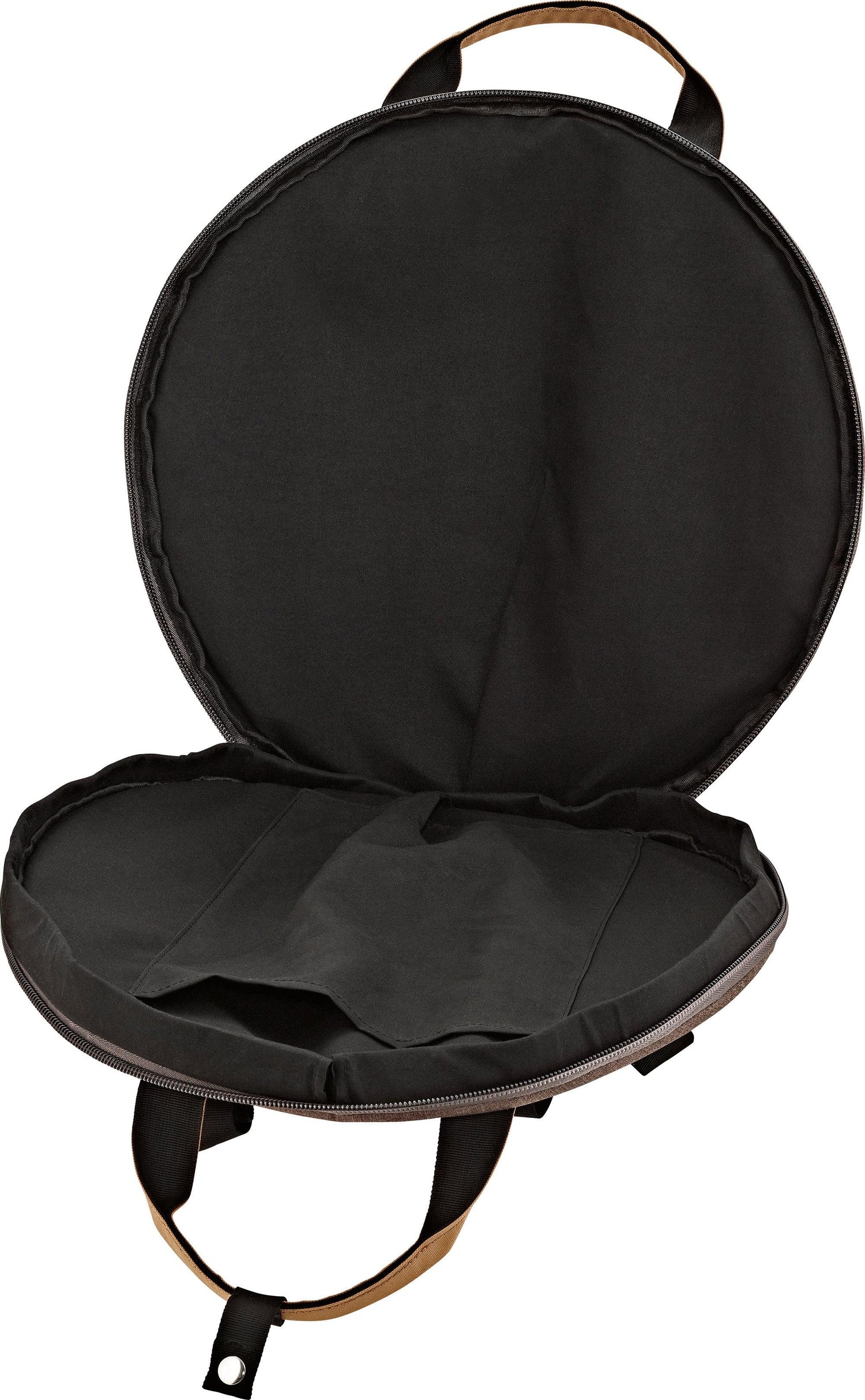 Open round black padded carrying case with zipper, designed for sound healing instruments.