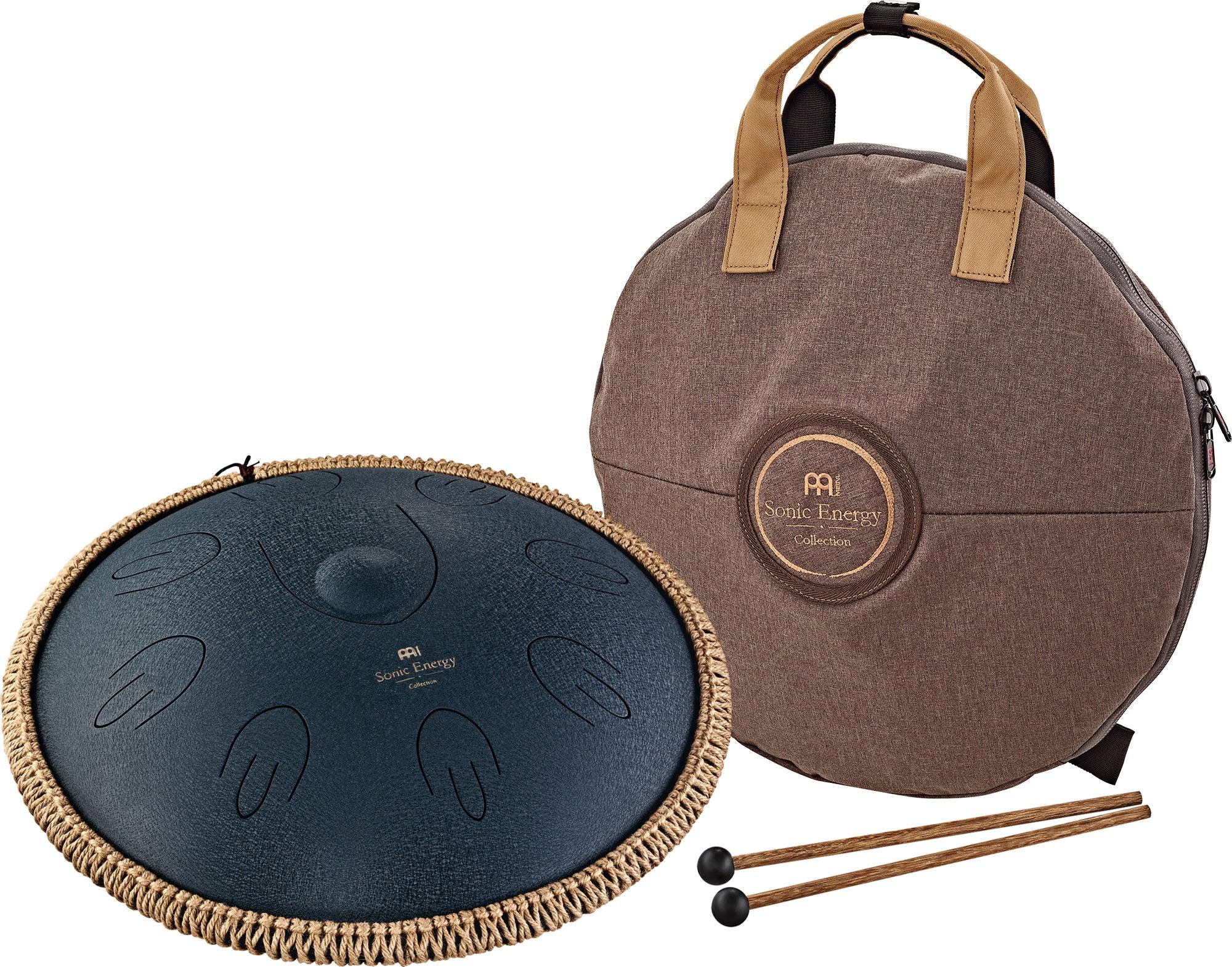 Steel tongue drum with rope edge, padded carry case, and two mallets for sound healing