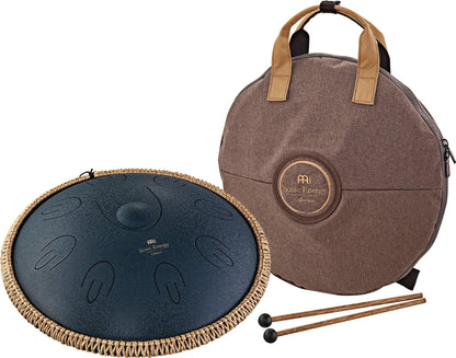 Steel tongue drum with rope edge, padded carry case, and two mallets for sound healing