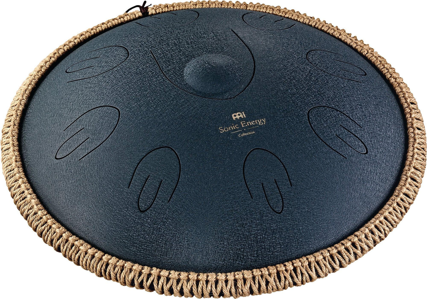 Steel tongue drum with engraved notes and woven rope edge for sound healing or meditation.