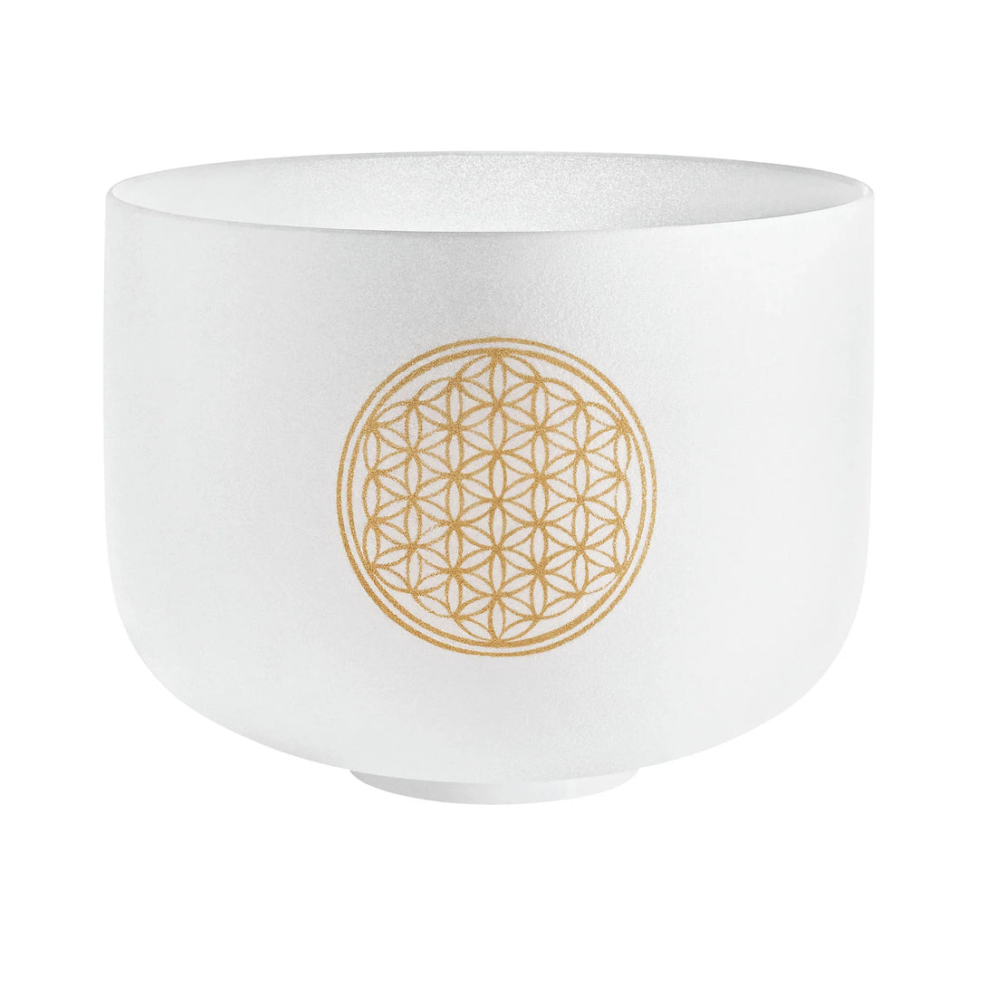 White crystal singing bowl with gold Flower of Life symbol for sound healing and meditation