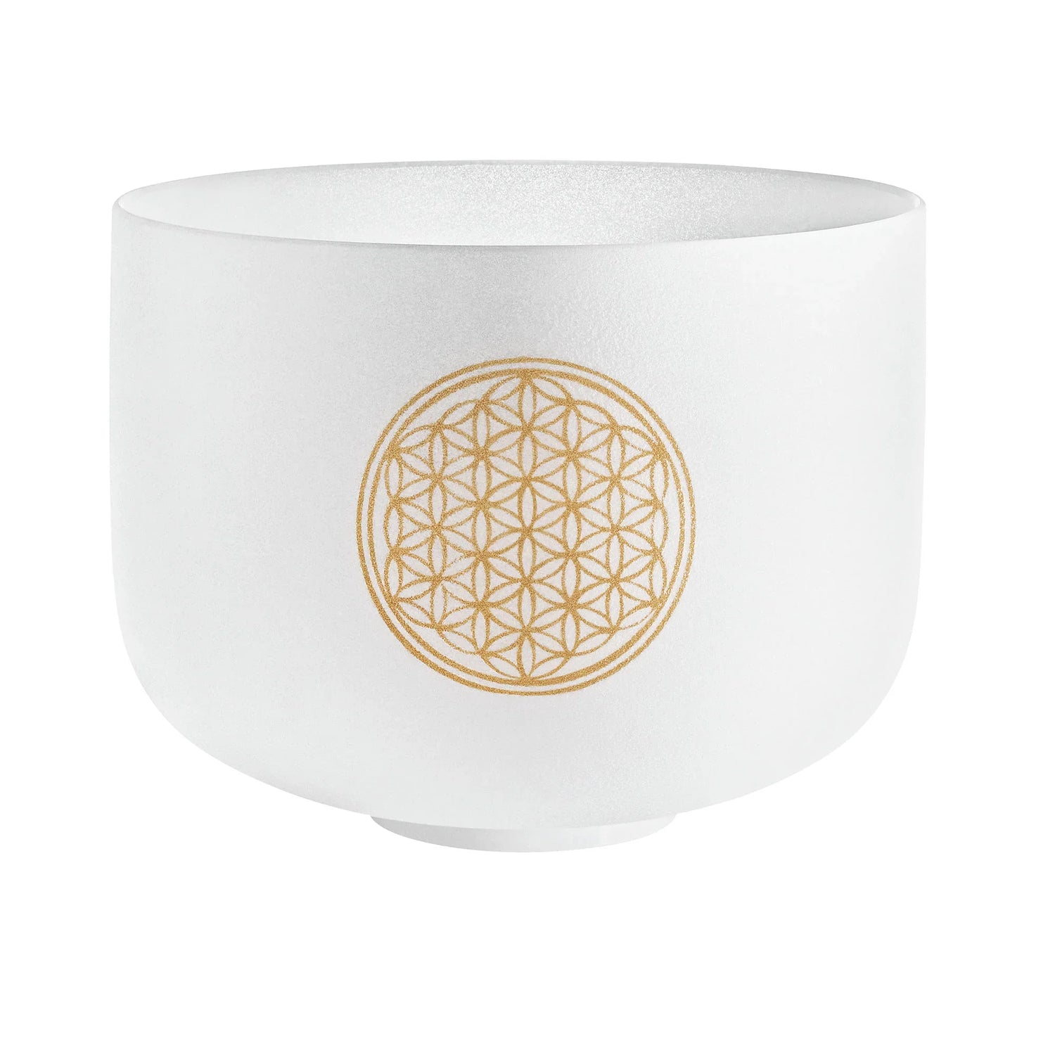 White crystal singing bowl with gold Flower of Life symbol for sound healing and meditation