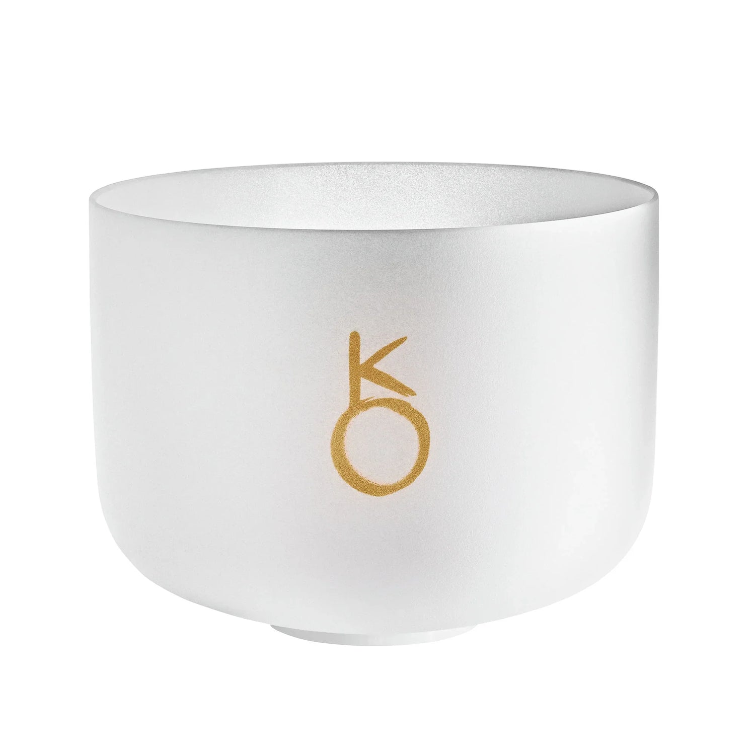Frosted crystal singing bowl with gold symbol, used for sound healing and meditation