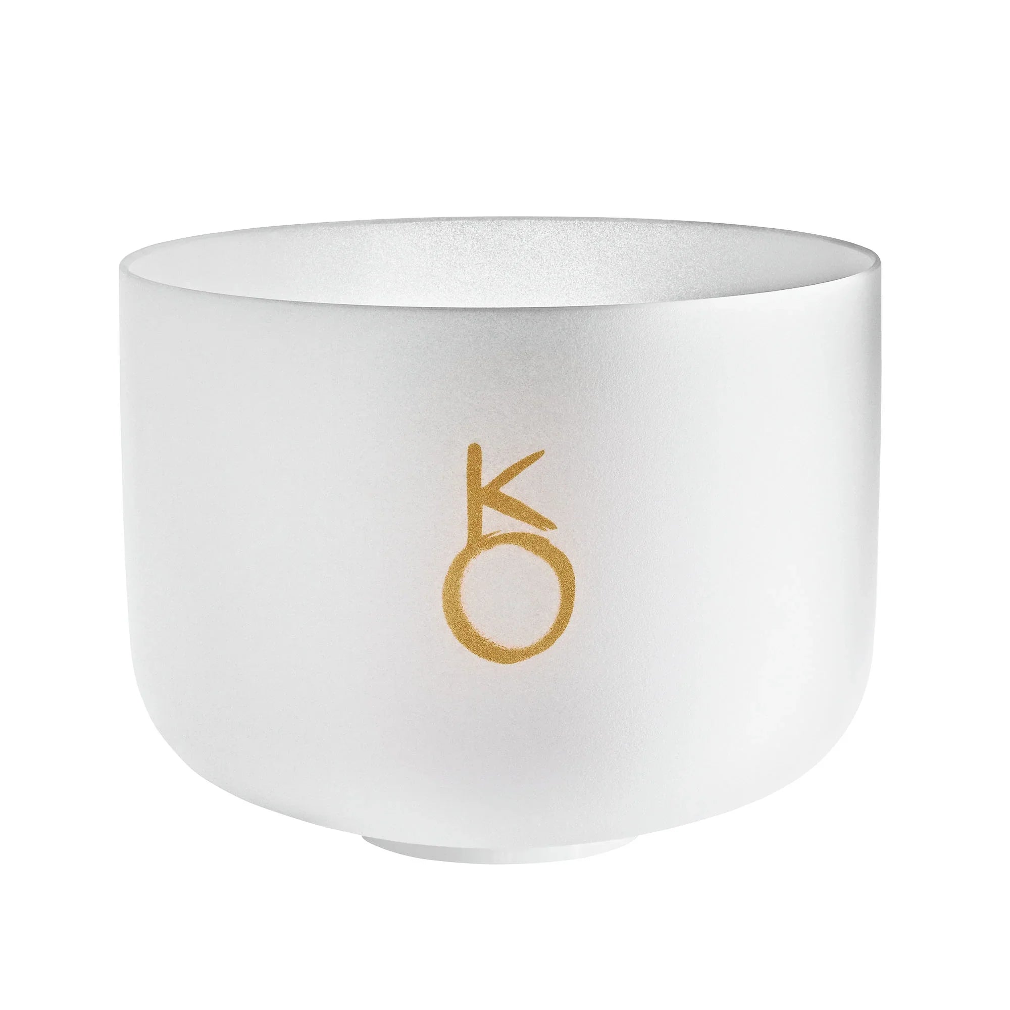 Frosted crystal singing bowl with gold symbol, used for sound healing and meditation