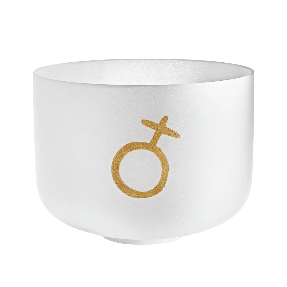 White crystal singing bowl with gold planetary symbol for energy and sound healing