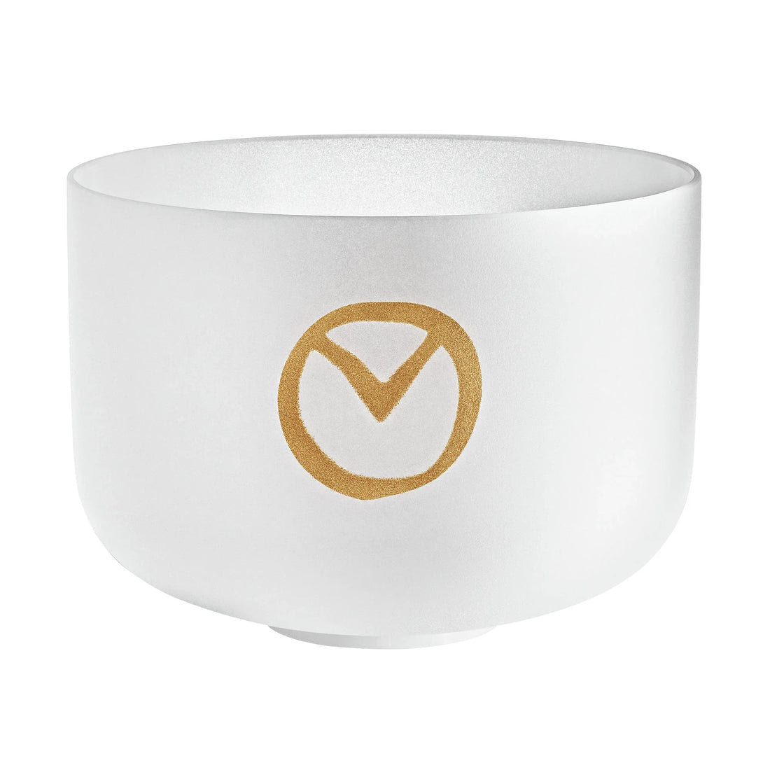 Frosted crystal singing bowl with gold geometric symbol for sound healing and meditation