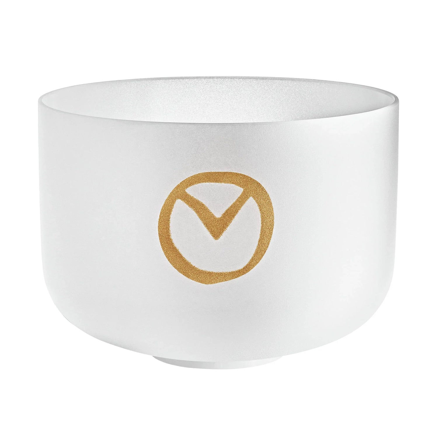 Frosted crystal singing bowl with gold geometric symbol for sound healing and meditation