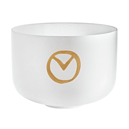 Frosted crystal singing bowl with gold geometric symbol for sound healing and meditation