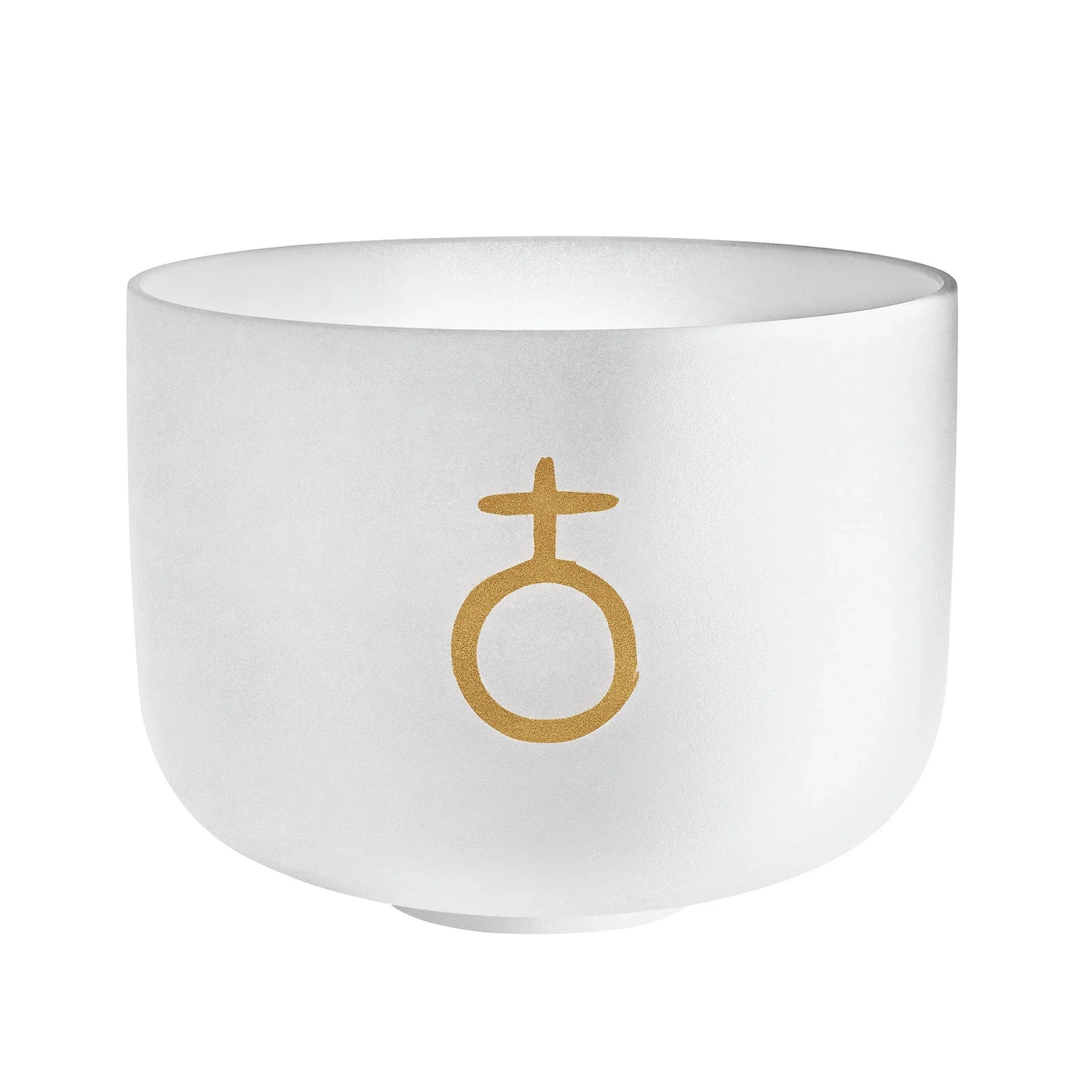 White crystal singing bowl with gold symbol, sound healing instrument on white background