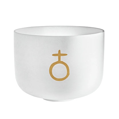 White crystal singing bowl with gold symbol, sound healing instrument on white background