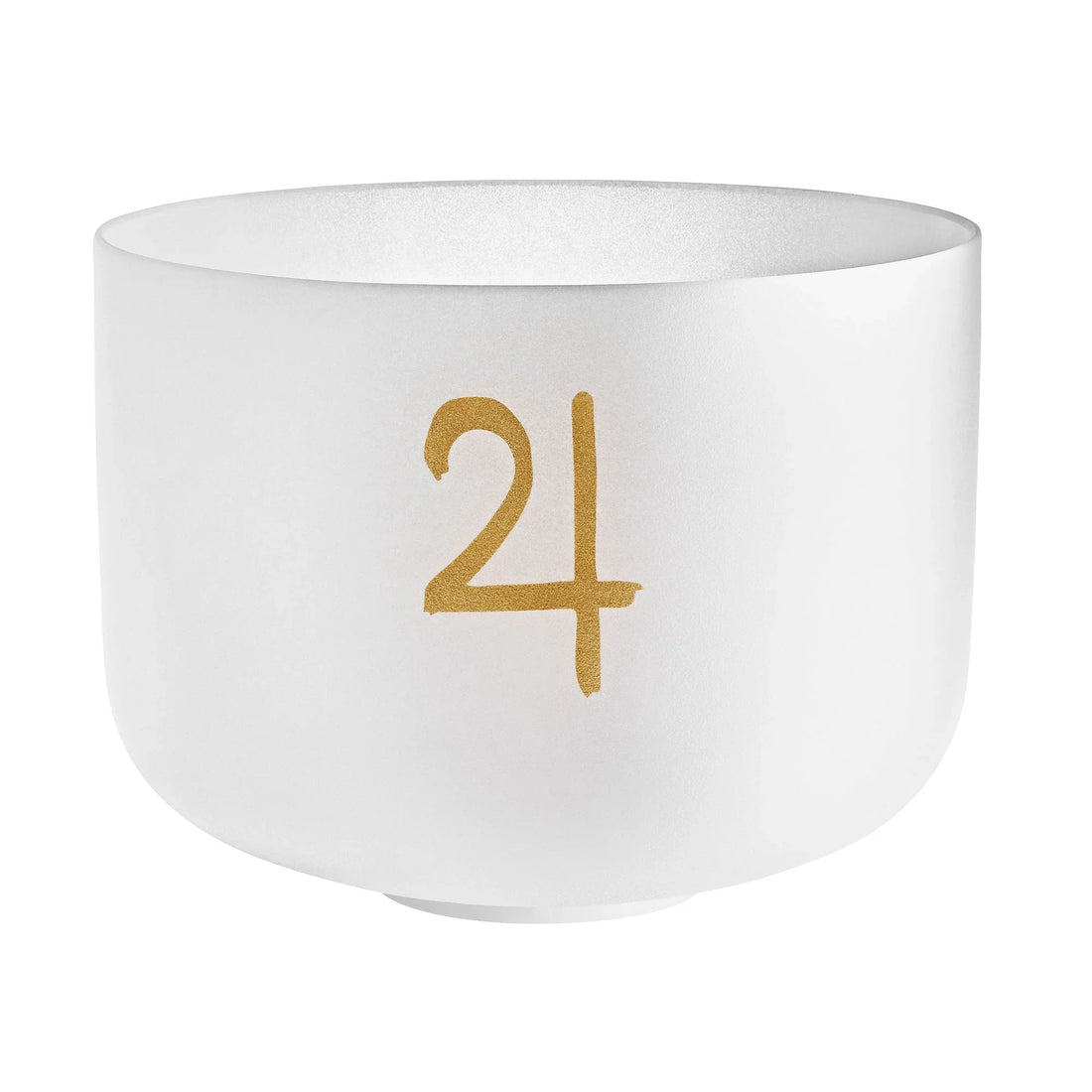 White frosted crystal singing bowl with gold Jupiter symbol for sound healing