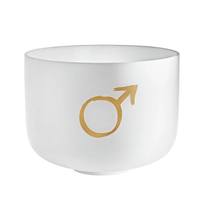 White crystal singing bowl with gold Mars symbol for sound healing and meditation