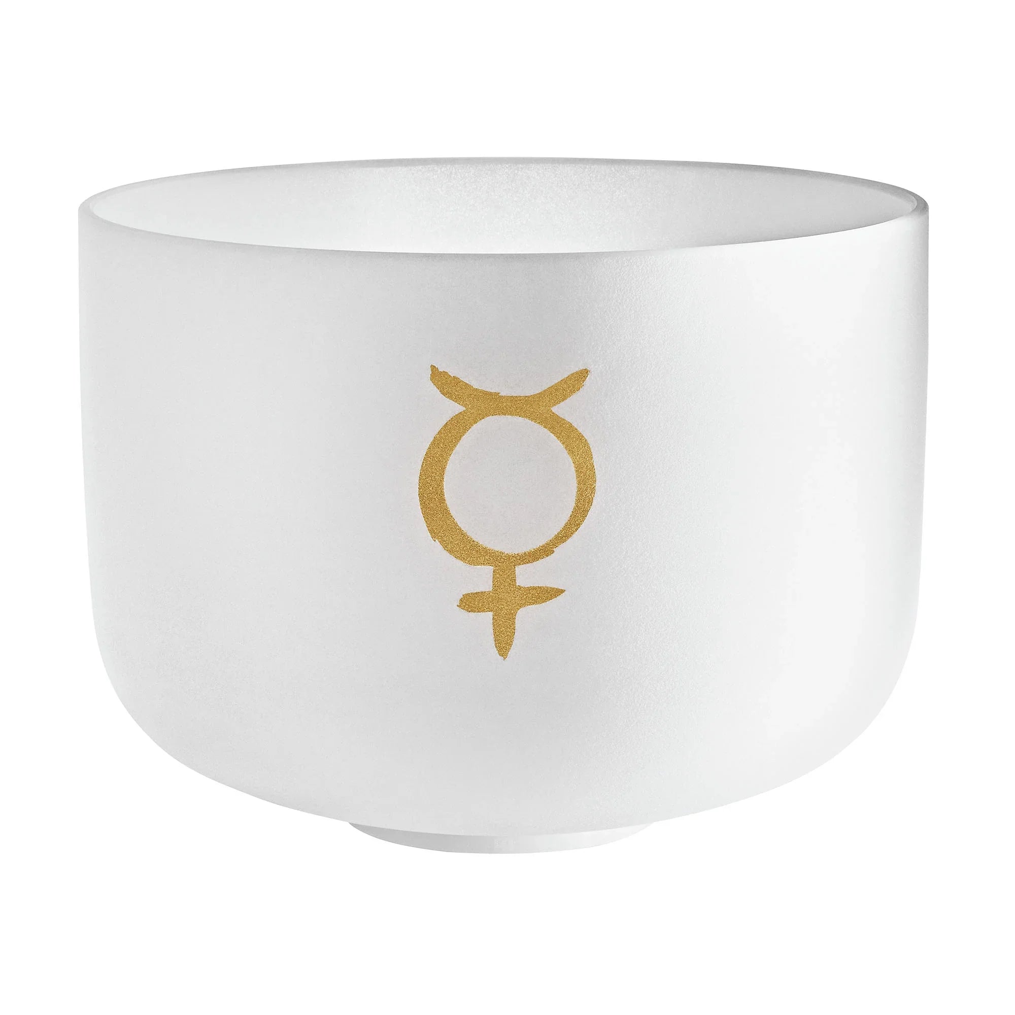 White crystal singing bowl with gold Mercury symbol for sound healing