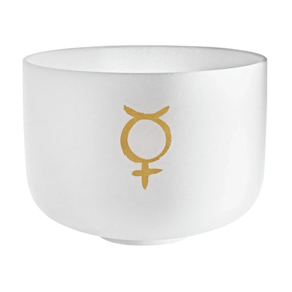 White crystal singing bowl with gold Mercury symbol for sound healing