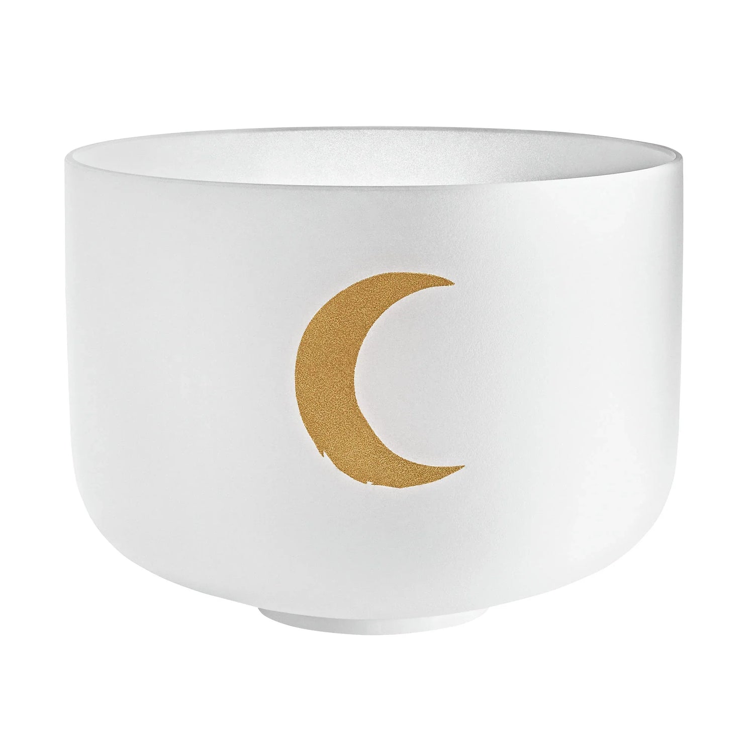 Frosted crystal singing bowl with gold crescent moon design for sound healing