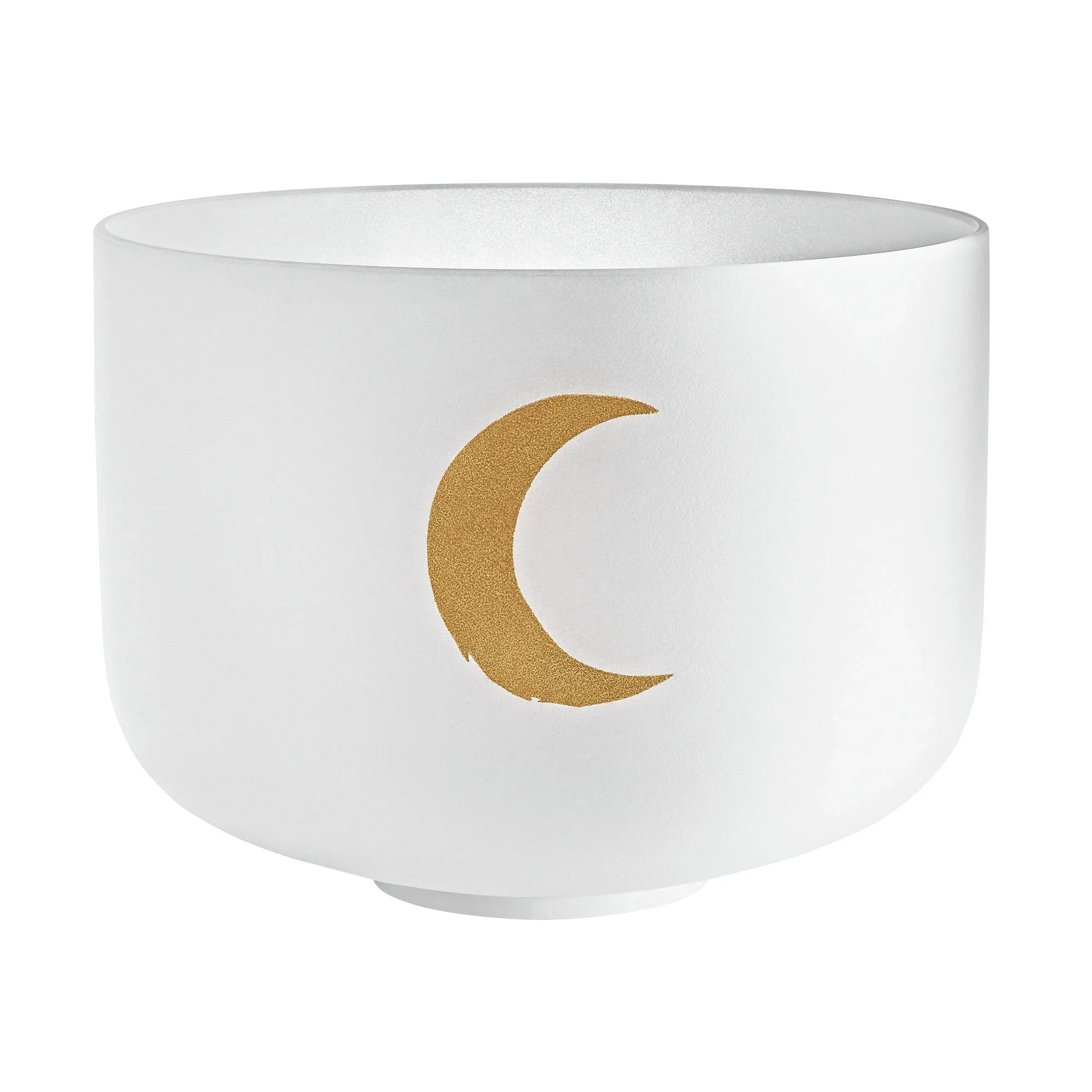 Frosted crystal singing bowl with gold crescent moon design for sound healing