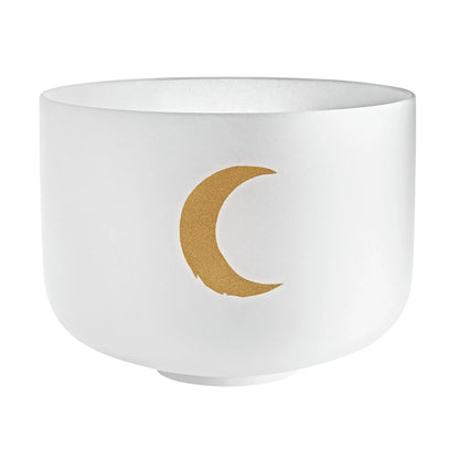 Frosted crystal singing bowl with gold crescent moon design for sound healing