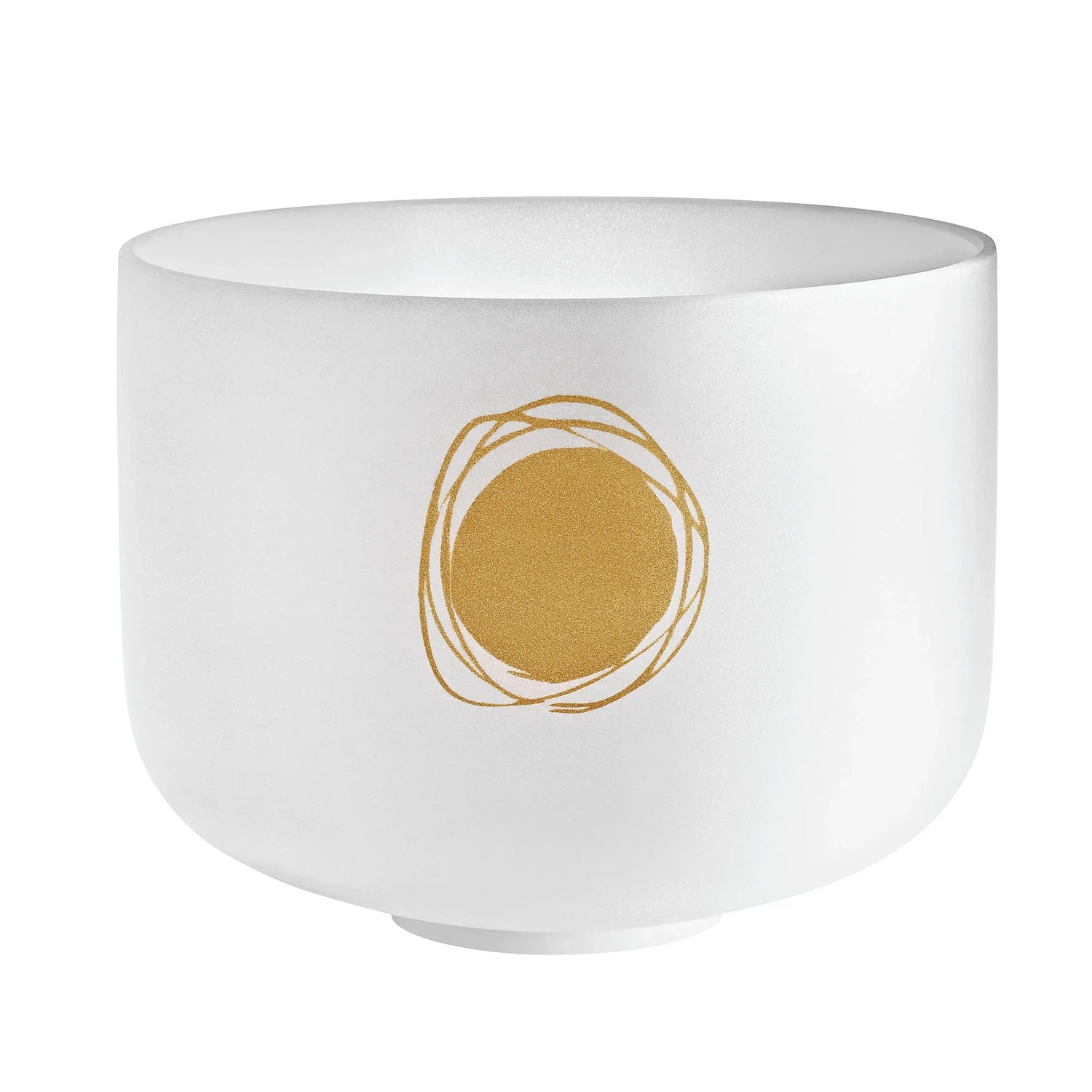 White crystal singing bowl with gold mandala design for sound healing