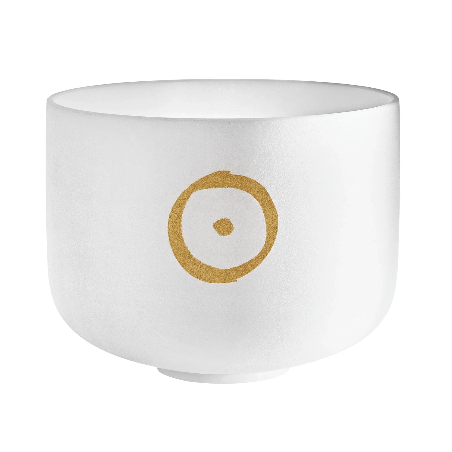 White crystal singing bowl with gold circle design, used for sound healing and meditation