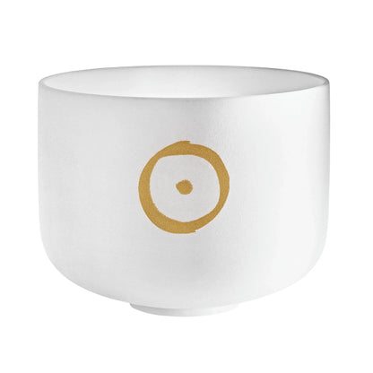 White crystal singing bowl with gold circle design, used for sound healing and meditation