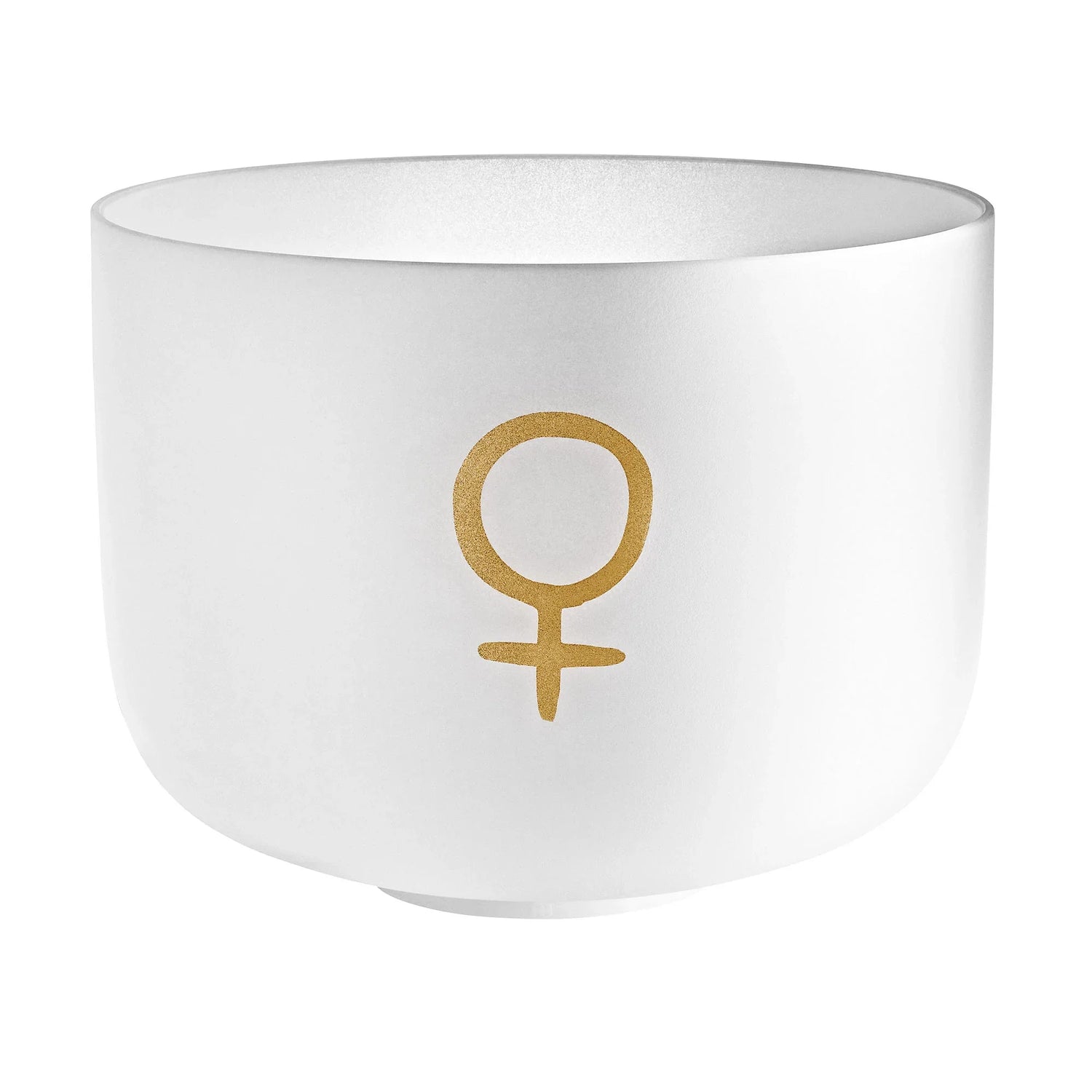 White crystal singing bowl with golden Venus symbol, used for sound healing and meditation.