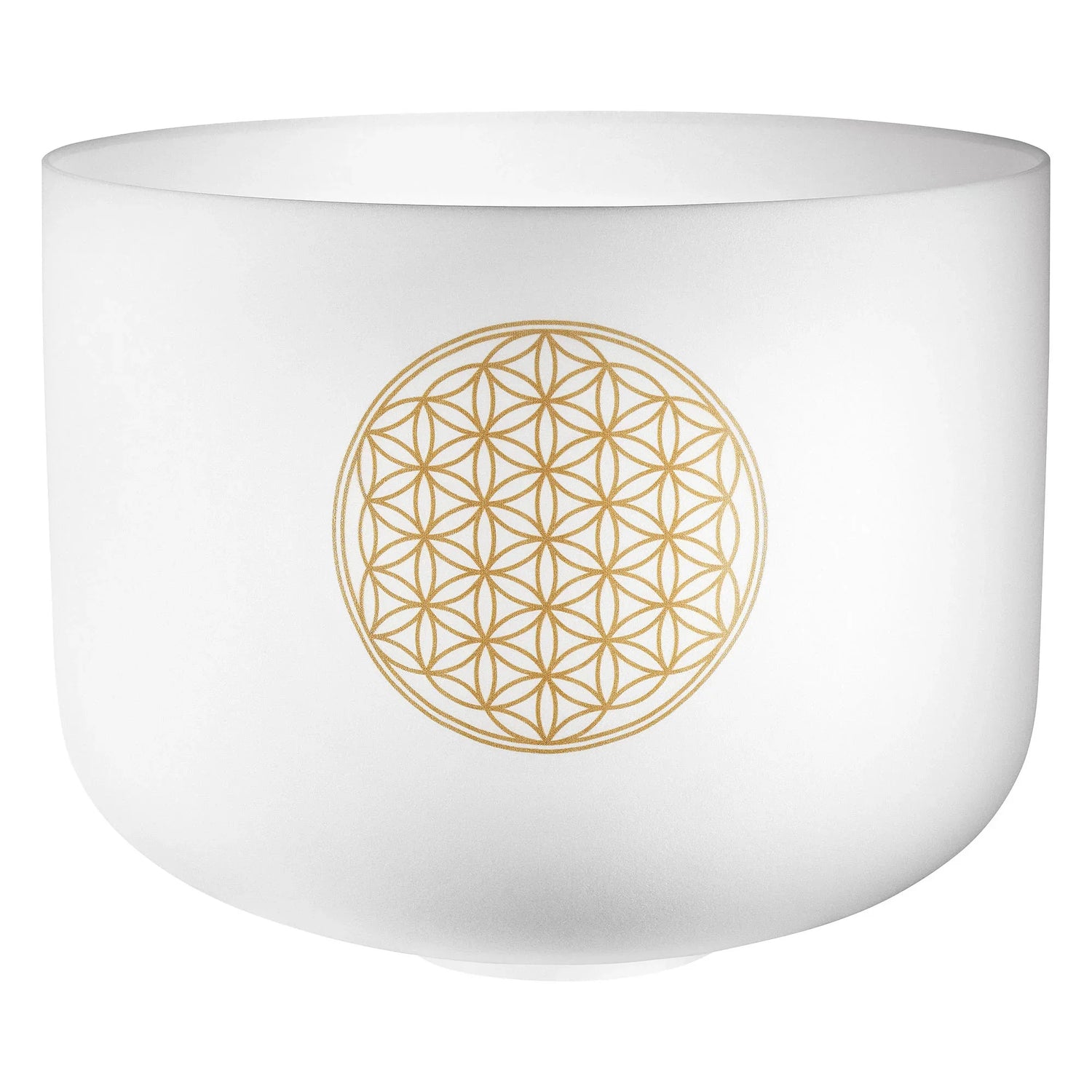 White crystal singing bowl with gold Flower of Life symbol for sound healing