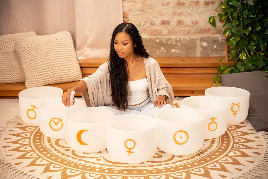 7-Piece Crystal Singing Bowl Chakra Set, Planetary Tuned