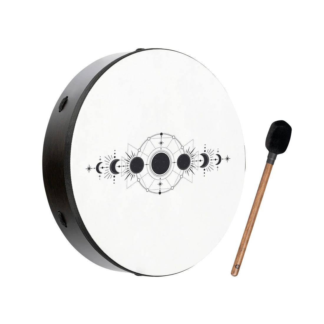 Frame drum with black moon phase design and wooden mallet for sound healing