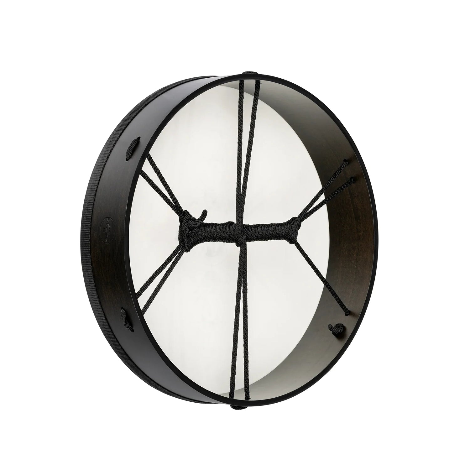 Black frame hand drum with rope handle, side view on white background