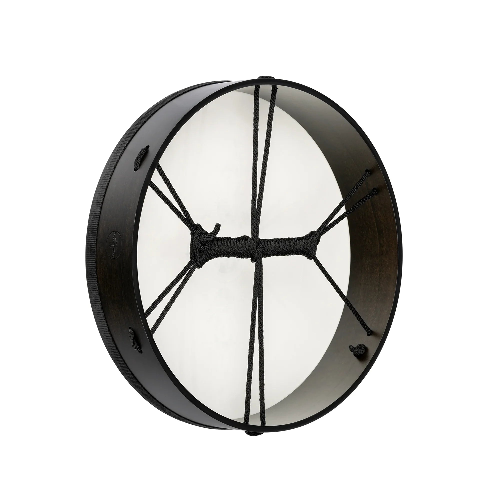 Black frame hand drum with rope handle, side view on white background