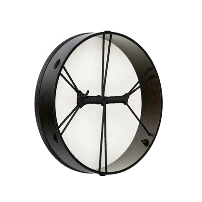Black frame hand drum with rope handle, side view on white background