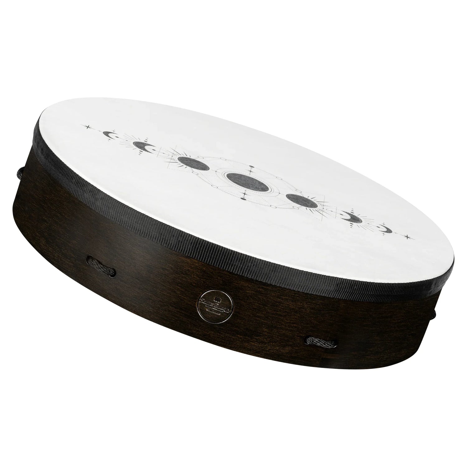 Dark wood frame drum with lunar phase design on white drumhead, energy healing instrument