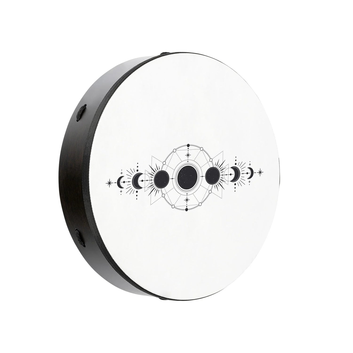 Shamanic frame drum with moon phase design for sound healing and meditation