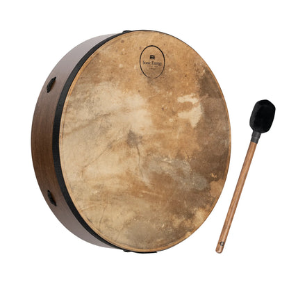 Large frame drum with natural skin head and wooden beater, sound healing instrument